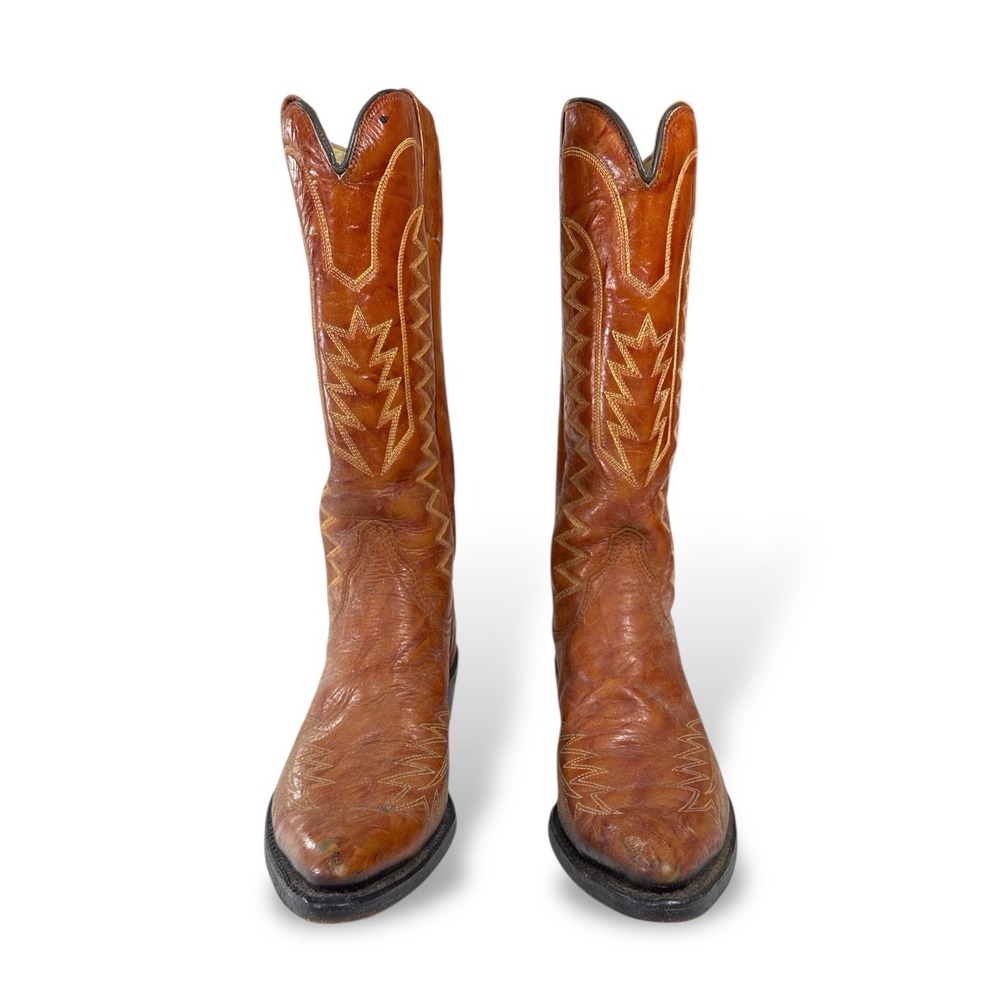 Wrangler Mens Vintage Western Cowboy Boots Cognac Brown Leather Pointed Toe 6.5D - Picture 2 of 8